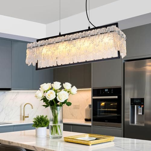 TYhogar Dining Room Light Fixture Modern Rectangle Black Crystal 4-Light Chandeliers for Dining Room 25" Linear Farmhouse Lighting Fixture for Kitchen Island Light Living Room - Thumbnail 2