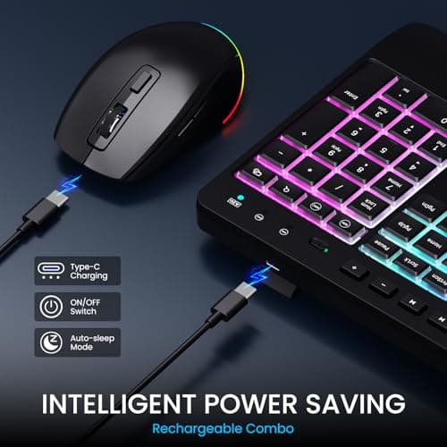 LIZRROT Wireless Keyboard and Mouse Combo - RGB Backlit, 2.4G 2200mAh Rechargeable, Ergonomic Rest, Phone Holder, Sleep Mode, Silent Full-Size Compuer Keyboards with Windows, Mac, PC, Laptop, Black - Thumbnail 3