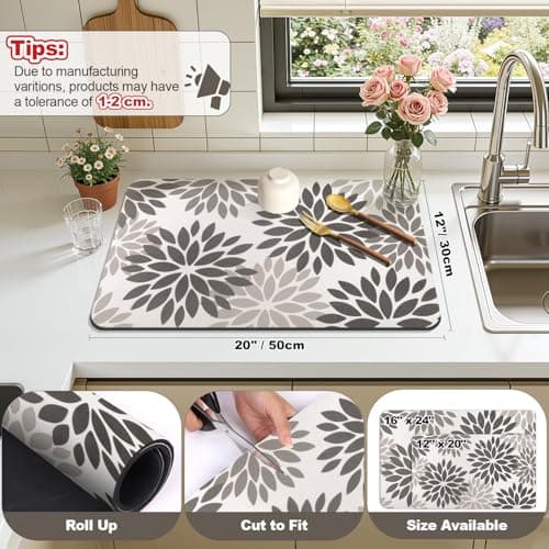 Findosom Floral Dish Drying Mat, 12" x 20" Super Absorbent & Hide Stain Coffee Mat, Cuttable Drying Mat for Kitchen Counter, Under Dish Rack, Coffee Maker, Espresso Machine, Dark Gray - Thumbnail 2