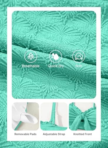 Herseas Women's Seashell Textured Bikini Sets Tie Front Swimsuits Stretchy Adjustable Straps Padded Push Up Bathing Suits Beach Turquoise Vacation Essentials 2026 Small - Thumbnail 5