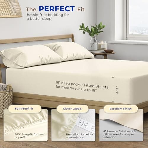 THREAD SPREAD 100% Egyptian Cotton Sheets Queen Size - 600 Series Bliss Collection Sheet Set Queen, Luxury Sheets Queen Size (4 PC, Ivory), Soft, Deep Pocket Sheet, Fits Mattress Upto 18" - Thumbnail 4