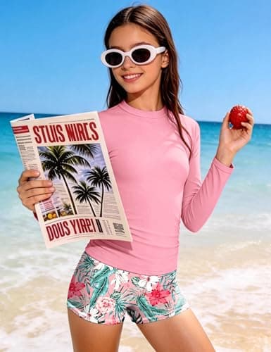 GEMLON Girls Rash Guard Swimsuit 2PCS Long Sleeve Rash Guard with Tropical Shorts Teen Swimsuits for Girls 12-14 - Thumbnail 3