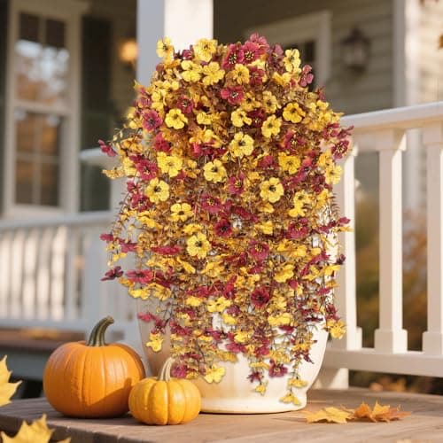 Megapuxin Fall Decor Artificial Flowers for Outdoor Decoration, 4Pcs Fake Hanging Flowers Mums Silk UV & Fading Resistant, Artificial Faux Plants for Home Patio Yard Garden Farmhouse Halloween - Image 1