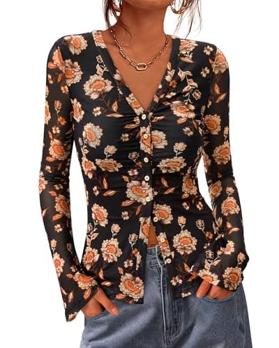 BTFBM Button Down Shirts for Women 2026 Spring Boho Tops V Neck Long Sleeve Blouses Ruched Mesh Fitted Fashion Clothing(Black, X-Large) - Image 1