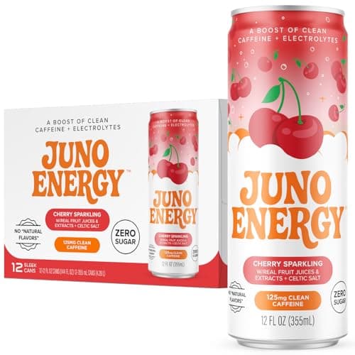 JUNO ENERGY Organic Cherry Sparkling Energy Drink - Sugar Free, Energizing and Hydrating with 125mg Organic Caffeine from Green Coffee Beans, Stevia, Organic Sour and Black Cherry Juice & Electrolytes - Vegan, Gluten Free, 12 Pack - Image 1