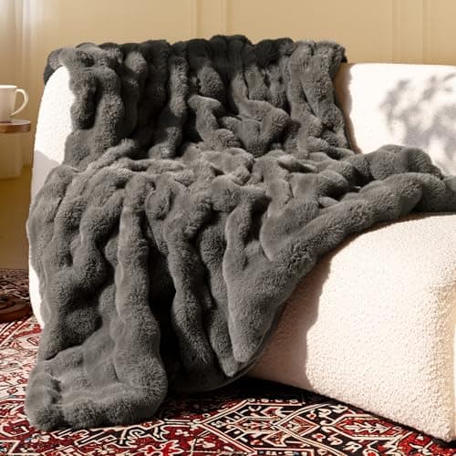 blunique Ultra Soft Cozy Faux Fur Throw Blanket-Fuzzy Plush Thick Bubble Blanket, Fluffy Blanket for Couch, Sofa, Bedroom, and Living Room, 50x60 Inches, Dark Grey Taupe - Image 1
