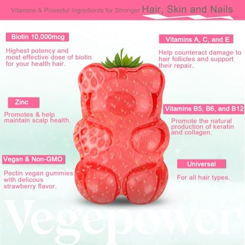 VEGEPOWER Biotin Gummies for Hair Growth 10000mcg - Vegan Biotin Vitamins Supports Healthy Hair, Skin and Nails, Hair Vitamin Gummy for Women & Men - Non-GMO, Chewable Supplement - Thumbnail 3