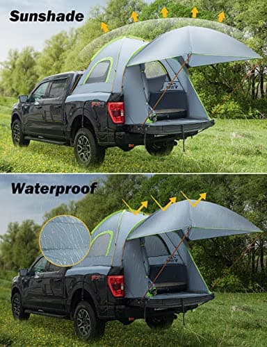 JOYTUTUS Pickup Truck Tent 5.5ft Bed Tent with Removable Awning, Waterproof PU2000mm Double Layer for 2 Person, Portable Truck Bed Tent - Green, Aluminum Pole - Thumbnail 2