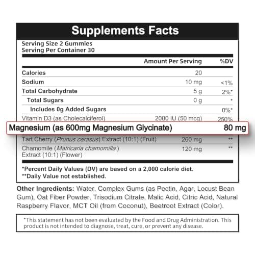 2pack Magnesium Glycinate Gummies 600mg for Sleep & Calm, Sugar Free Magnesium Gummies for Adults with Vitamin D3, Tart Cherry & Chamomile,Clump-Resistant Formula, Third-Party Tested, 120 Count - Thumbnail 4