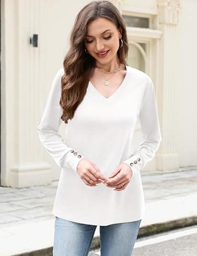 Misakia Tops for Women Trendy 2025 Dressy Casual V Neck Long Sleeve Buttons Fall Winter Flowy Tunic Tops Soft Blouses Shirts Business Casual Outfits Ladies Tops C-white - Thumbnail 3
