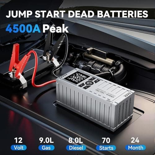 Car Battery Jump Starter with Air Compressor - 4500A Battery Jumper Starter Portable (9.0 Gas/8.0L Diesel) with 150PSI Tire Inflator, 12V Car Jump Box with Jumper Cables, LED Light, LCD Display - Thumbnail 2