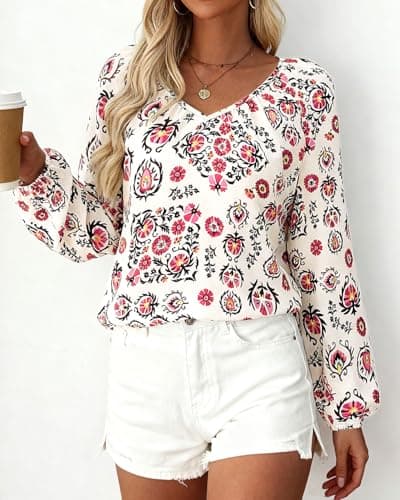 Zenlonr Womens Fall Tops Dressy Casual 2025 V Neck Satin Silk Printed Shirts Boho Long Sleeve Work Blouses(White Red Flower,Small) - Thumbnail 3