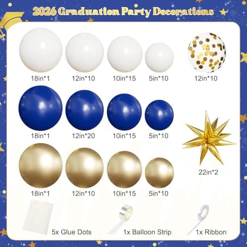Navy Blue White Gold Balloon Arch Kit, 2026 Graduation Decorations, 130Pcs Blue Gold White Balloons with Foil Star Confetti Balloons for College High School Graduation Decorations Class of 2026 - Thumbnail 2