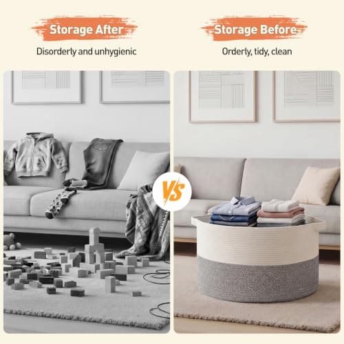 OIAHOMY 90L XXXLarge Blanket Basket for Living Room, 21.7" x 13.8" Woven Cotton Rope Laundry Basket for Organizing Pillows, Decorative Stuffed Animal Toy Storage for Nursery, White and Light Grey - Thumbnail 5