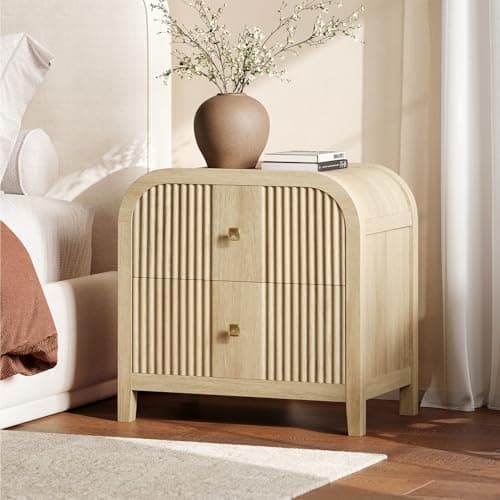 ModernMate Modern 2-Drawer Nightstand with Wave-Fluted Front & Curved R-Angle Top, Thickened Wood Bedside Table with Brushed Copper Pulls for Bedroom - Thumbnail 5