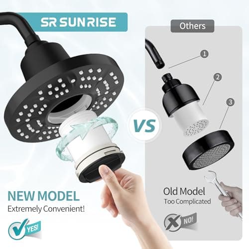 SR SUN RISE Filtered Shower Head with Filters, 20-Stage Shower Head Filter for Hard Water, High Pressure Showerhead with Easy-Replace Cartridge to Remove Chlorine & Heavy Metals (7-Inch, Black) - Thumbnail 5