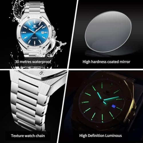 OLEVS Watch Men Luxury Silver Stainless Steel Dress Blue Face Waterproof Quartz Analog Watches for Men Large Octagonal Dial Luminous Minimalis Mens Watch Relojes para Hombres - Thumbnail 6