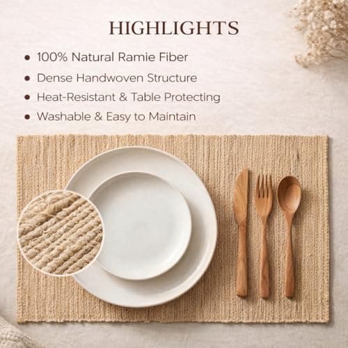 GleeNflux Handmade Ramie Placemats Set of 6, 12"x18" Eco-Friendly Natural Woven Table Mats for Dining Table, Heat-Resistant & Washable Natural Fiber Placemats for Kitchen, Farmhouse, Boho & Home Decor - Thumbnail 2