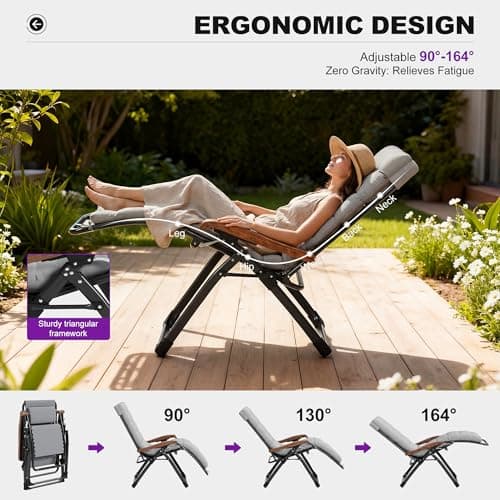 PURPLE LEAF Extra Wide Outdoor Reclining Chair Patio Zero Gravity Chaise Lounge Folding Chair with Removable Cushion Adjustable Headrest for Lawn Camping Beach Pool Grey - Thumbnail 4