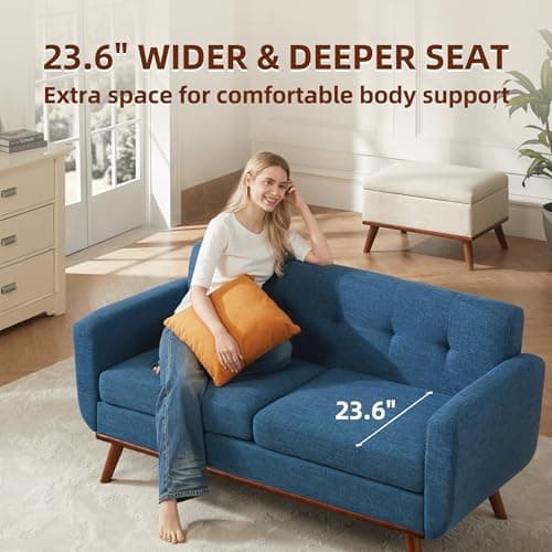 Kingfun 65.2" W Loveseat Sofa, Mid Century Modern Decor Love Seat Couches for Living Room, Button Tufted Upholstered Furniture, Solid & Easy to Install Small Couch for Bedroom Office Apartment, Blue - Thumbnail 4