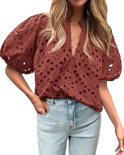 BTFBM Womens Blouses Summer Hollow Out Eyelet Embroidery Tops V Neck Buttons Puff Sleeve Boho Shirts Spring Fashion 2026(Brown Red, Medium) - Image 1