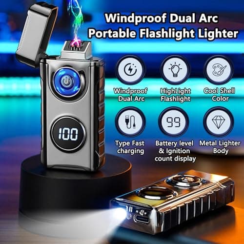 BABOBIU Electric Lighters Rechargeable Windproof Double Arc Lighter with LED Light Power Display Cool Lighters for Men USB Lighter for Candles Fireworks Outdoor Camping Gifts (Black) - Thumbnail 2