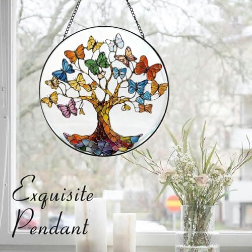 Zizzie Stained Glass Tree of Life Suncatcher - 7.9" Real Glass Blue Butterfly Leaves Window Hanging, Weatherproof Spiritual Rebirth Decor, Sympathy Memorial Healing Gift for Mom Women - Thumbnail 5