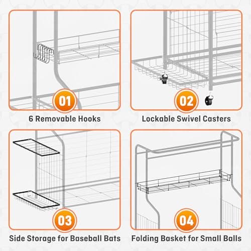 Sports Equipment Organizer -Heavy Duty Rolling Garage Storage Rack & Ball Holder, Large Capacity Cart for Outdoor Toy Storage & Garage Storage - Thumbnail 4