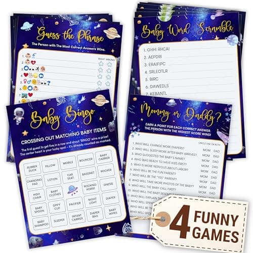 Woodamore Funny Baby Shower Games For Boy Girl - Space Baby Bingo Cards Word Scramble Mommy Or Daddy Game Activities, Over The Moon Shower Decorations - Image 1