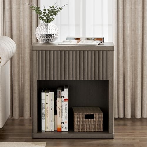 Night Stand Fluted Nightstand with Drawers for Bedroom, Modern Mid Century Bedside Table with Open Storage Shelf, Wood Night Stands End Table for Living Room Sofa Home Office Antiqued Brown Oak - Thumbnail 3