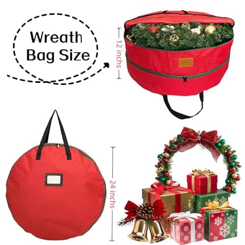 24x12 inchs Wreath Storage Container,Red Double storage bag,Heavy Duty 600D Oxford Cloth,Garland Wreaths Container For Xmas Holiday Wreaths Storage Holder - Thumbnail 2