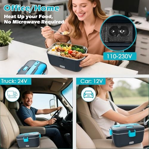 COZYEXPERT Electric-Lunch-Box-Heated-Food-Warmer 100W Heating Lunchbox for Adults 1.8L Portable Food Heater for Work/Car, 12V/24V/110-230V Lonchera Eléctrica Portátil with Fork Spoon (Gray+Blue) - Thumbnail 3