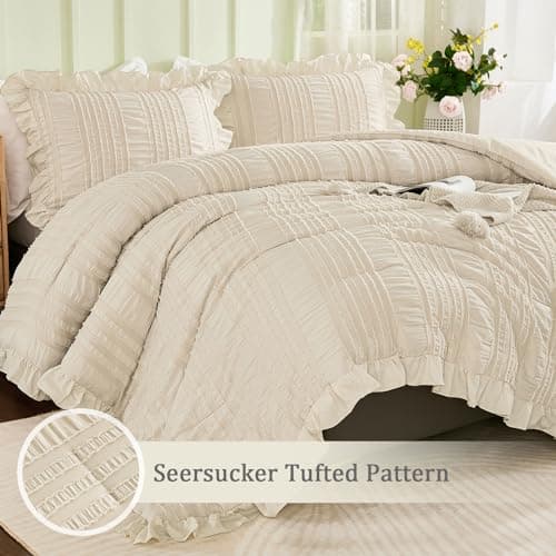 WONGS BEDDING Beige Ruffle Queen Comforter,Boho Shabby Chic Bedding for Queen Bed,Soft Seersucker Farmhouse Bedding Set with 1 Ruffled Comforter,2 Tufted Pillowcases 90"×90" - Thumbnail 5