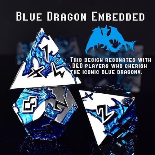 Rule Dice - D&D Dice Set, Metal Dice Sets, Dungeons and Dragons Dice Set with Gift Box, D20 D4 D12 D10 D% D8 D6, Blue Dragon Style Gaming DND Dice for MTG RPG TTPRG (Silver Black) - Thumbnail 3