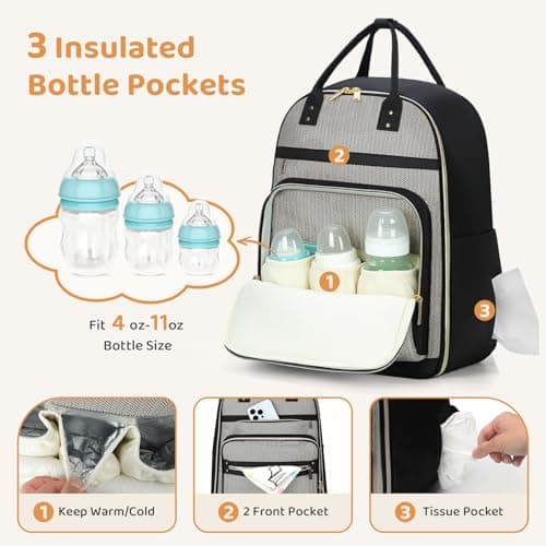 Lekesky Diaper Bag Backpack, Large Baby Bags for Mom Dad Maternity, Travel Diaper Backpack Baby Essentials with Changing Pad, Insulated Pockets, Stroller Straps, Laptop Compartment (Black) - Thumbnail 6