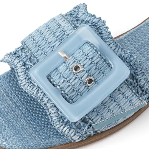 Rihero Womens Flat Sandals Raffia Slip On Beach Slides Square Open Toe Comfortable Summer Buckle Woven Blue Slide Sandals Blue Size 7.5 - Thumbnail 5