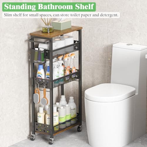 MJIMKE Utility Slim Rolling Storage Cart with Wheels, 4 Tier Narrow Metal Kitchen Cart Bathroom Laundry Room Organization Trolley with Wood Rack and Removable Mesh Basket for Small Space, 7.1IN Black - Thumbnail 6