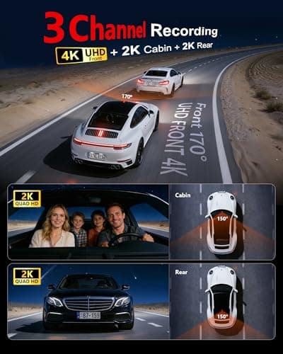 4K+2K+2K 3 Channel Dash Cam Front and Rear, 128GB Card Included, Dash Camera for Cars 5.8G/2.4G Dual Wifi, Built-in GPS, Night Vision, WDR, 170°Wide Angle, G-Sensor Emergency Lock, 24H Parking Monitor - Thumbnail 3