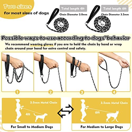 LUFFWELL Heavy Duty Metal Dog Chain Leash with Comfortable PU Leather Padded Handle, Chew Proof for Medium Large Pooch Walking Training (4FT 3.5mm Black) - Thumbnail 5