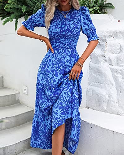 BTFBM Women Casual Summer Dresses 2026 Spring Crew Neck Ruffle Short Sleeve Smocked Floral Boho Flowy Maxi Dress Clothes(Print Blue, Large) - Thumbnail 3