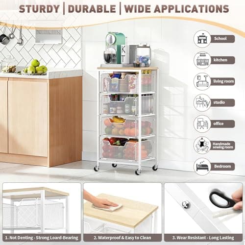 SUNALLY Rolling Kitchen Cart with Drawers, 4-Tier Utility Cart Fruit Vegetable Storage Cart with Lockable Wheels, Wooden Top Metal Kitchen Storage Organizer for Cans, Snacks, Beauty, Craft, Art, White - Thumbnail 2