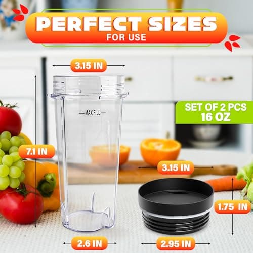 2Pcs Single Serve Blender Cup with Lid - 16 Oz Cup Blender for Smoothies Ninja Blender Cups Replacement - 4 Tabs Single Serving Blender Bottle Lid For Bl770 Bl780 Bl660 Bl740 Nutri Ninja Blenders - Thumbnail 2