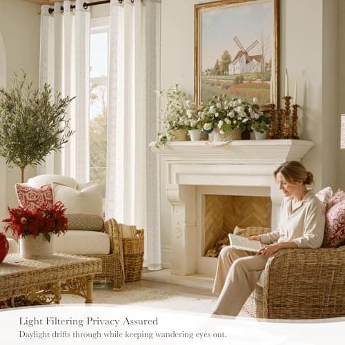 NICETOWN Cream Linen Curtains 9 ft High, Contemporary Floral Ivory White Embroidered High Ceiling Drapes for Cottage, Breathable Texture Chic Geometric Patterned Bronze Grommet, W52 x L108, 2 Panels - Thumbnail 3