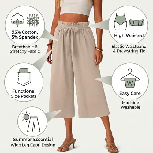 Gaucho Pants for Women, Wide Leg High Waisted Cotton Women's Palazzo Capri Pants with Pockets and Drawstring, Lightweight Breathbale Casual Summer Womens Culottes Khaki XXL - Thumbnail 6
