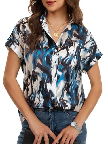 Funlingo Womens Silk Satin Tops Short Sleeve Button Down Shirts Summer Dressy Ruffle Collared Blouses Business Casual Outfits 2026 Tie Dye M - Thumbnail 2