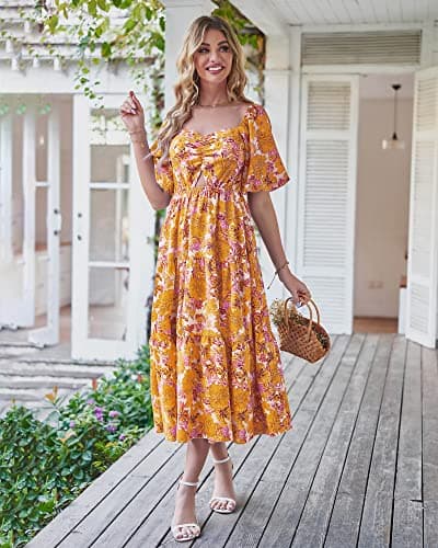 BTFBM Summer Dresses for Women 2026 Spring Outfits Beach Vacation Short Sleeve Smocked Boho Casual Floral Maxi Dress(Floral Yellow, Small) - Thumbnail 6
