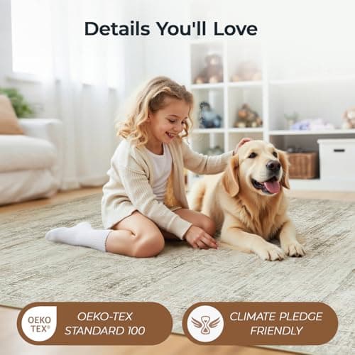 Carpelux Large Area Rugs 9x12 Living Room, Washable Soft Faux Wool Carpet for Bedroom Dining Room, Neutral Vintage Distressed Non Slip Stain Resistant Beige Rug for Office Decor - Thumbnail 5