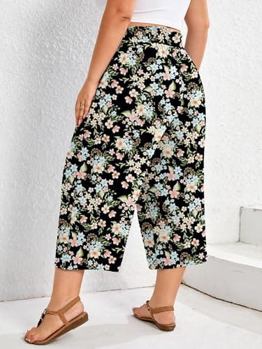 AusLook Plus Size Capri Wide Leg Pants for Women with Pockets High Waisted Elastic Drawstring Summer Casual Flowy Boho Vacation Beach Cropped Black Ditsy Florals 3X Trousers - Thumbnail 5