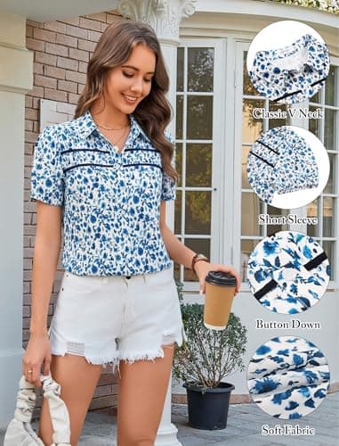 AOVDE Women Floral Leopard Button Down Shirts Puff Sleeve Blouse Contrast Trim Casual Dressy Summer Tops - Thumbnail 5