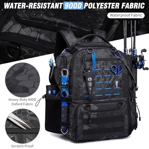 oinitiry Fishing Tackle Backpack with Tackle Boxes, Two Rod Holders, Bottle Holder, 50L Waterproof Tackle Bag for Fishing Gear, Fish Gifts for Men, Black Camo (4 Tackle Boxes Included - Thumbnail 4